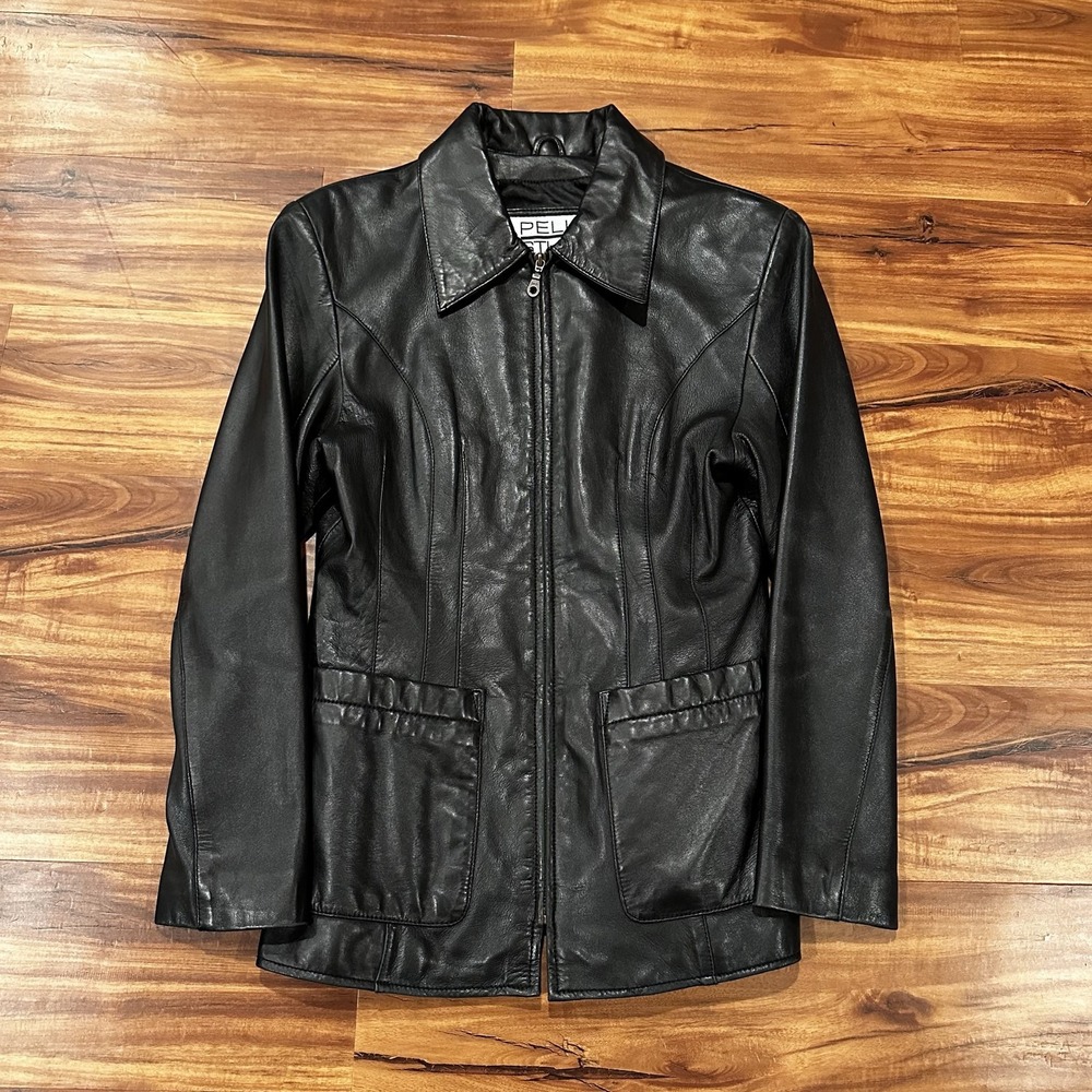 Pelle Studio Jacket Womens Small Black Leather Full Zip Pockets Lined Classic
